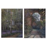 Clive Madgewick - Pair of oils on canvas -Bluebell Wood, and Through The Garden Gate, 39cm x 28cm,