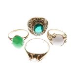 Four assorted dress rings comprising: two 9ct gold examples and two yellow metal examples stamped