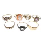 Seven assorted dress rings to include; five 9ct gold, one yellow metal stamped 9ct & Sil, and one