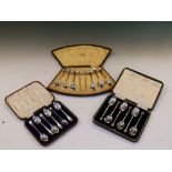 Three cased sets of six silver teaspoons, to include; a set in fan-shaped case with sugar tongs, 7.