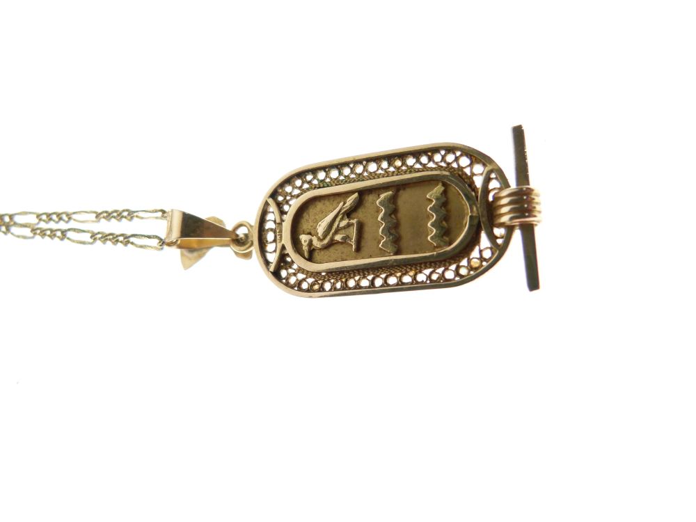 Egyptian yellow metal pendant decorated with hieroglyphics, 5.3g approx, together with an unmarked - Image 2 of 3