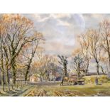 20th Century English School - Watercolour - Farm scene with cart horse and figures, indistinctly