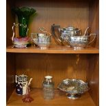 Silver plated three piece tea set, pierced plated cake casket and a quantity of other decorative