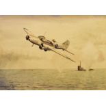 St Louis Rowan - Watercolour - Avro Anson reconnaissance aircraft with a submarine in the