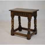 Old reproduction oak joined stool, the top measuring 44cm x 25cm