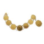 French coin bracelet comprising: eight gold coins, 1834 40 Franc coin and seven 20 Franc coins,