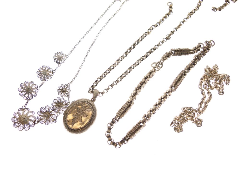 Assorted white metal jewellery to include fancy box belcher link chain, locket, filigree work etc