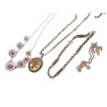 Assorted white metal jewellery to include fancy box belcher link chain, locket, filigree work etc