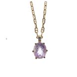 9ct gold pendant with large faceted oval amethyst-coloured stone, approximately 12mm x 10mm,