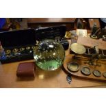 Assorted scales and weights to include; an early 20th Century oak and brass set of postal scales,