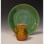 Welsh Interest - Ewenny pottery jug with script 'Llaeth y Bore', and a circular green dish