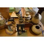 K.Scampton - Studio pottery - Collection of bowls, sculptural vases, and carved wooden ornaments