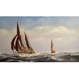 W.H. Stockman - Oil on canvas - Two yachts at full sail, signed lower right, 48.5cm x 89.5cm, framed