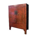 19th/20th Century Oriental red lacquered cabinet, the front with two chinoiserie decorated doors