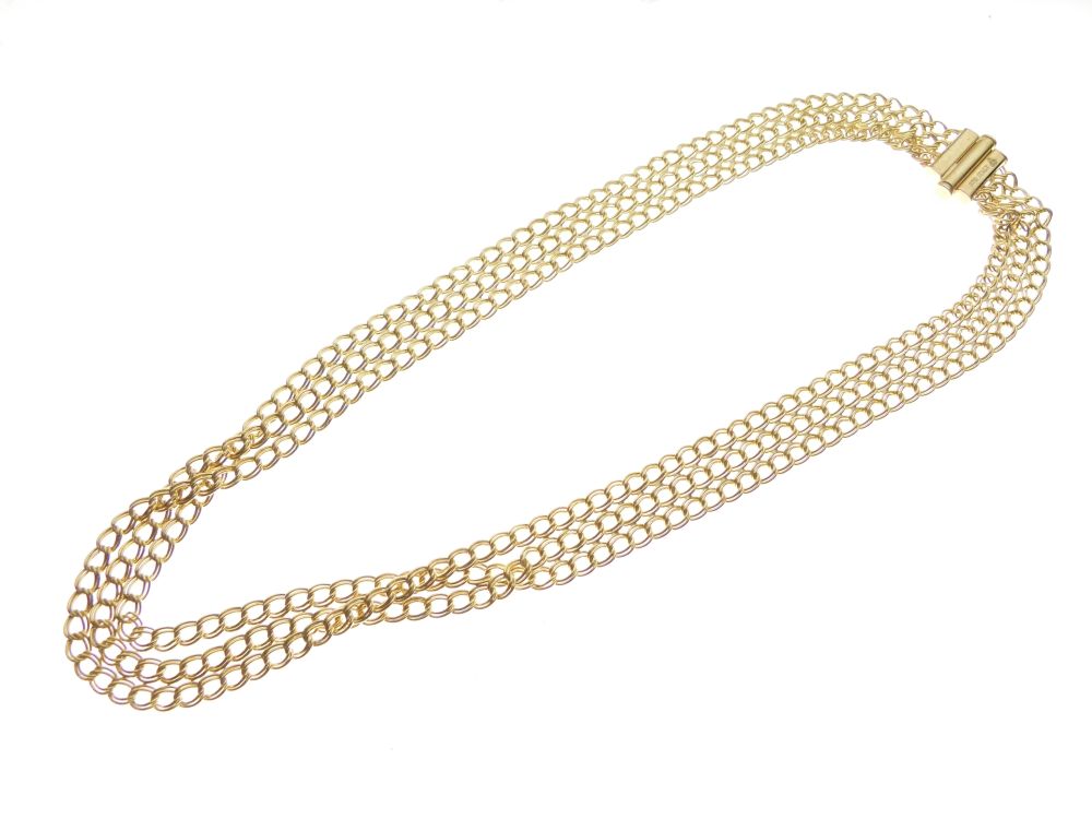 Italian yellow metal necklace of three-strand curb link design stamped 375 Italy, 13g approx