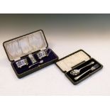 George V cased silver cruet set comprising: oval mustard pot and salt and cylindrical pepperette,