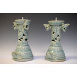 Pair of 20th Century Japanese pottery Pricket candlesticks, 19cm high