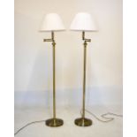 Pair of modern brushed brass adjustable standard lamps with pleated shades, 154cm high