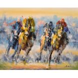 Anthony Veccia - Oil on canvas - Horse racing, 50cm x 61.5cm, in a pine frame
