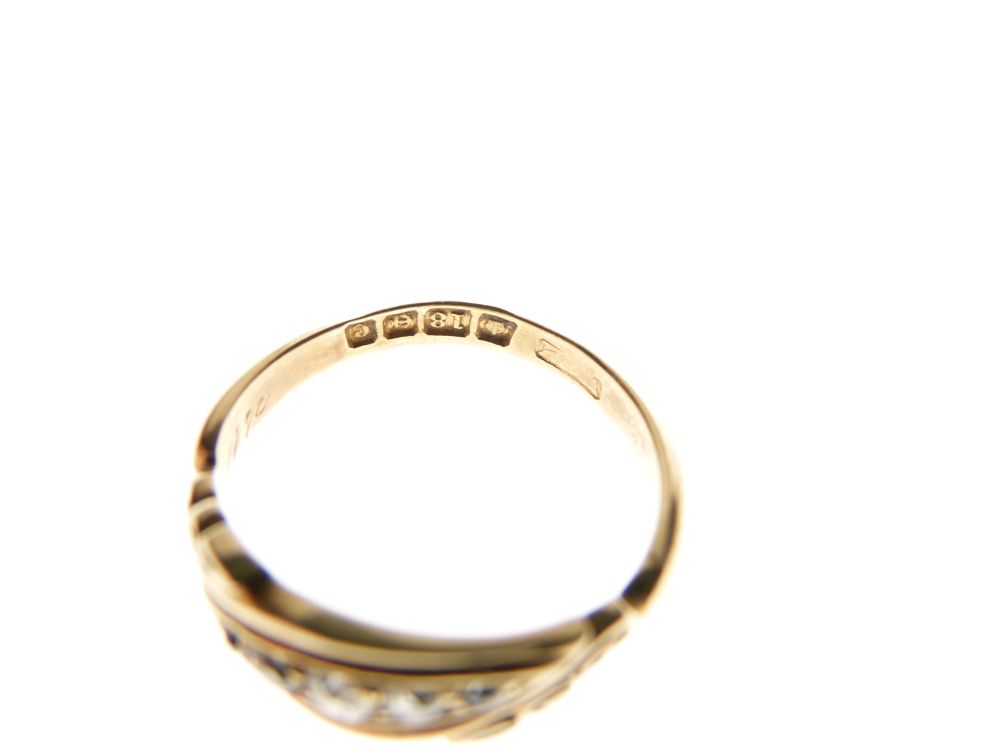 18ct gold dress ring set five graduated diamonds between scroll shoulders, size L, 3.5g gross approx - Image 3 of 3