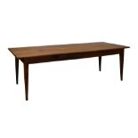 Continental fruitwood rectangular dining table raised on square tapered supports, 229cm x 89cm