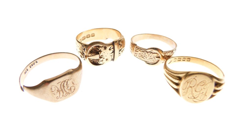 Four assorted gentlemen's rings comprising: two 18ct gold, one 9ct gold and one yellow metal stamped