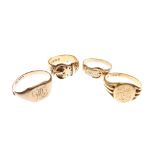 Four assorted gentlemen's rings comprising: two 18ct gold, one 9ct gold and one yellow metal stamped