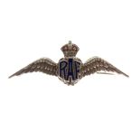 White metal and enamel RAF brooch of crowned winged design, stamped Sterling verso, in a Garrard box