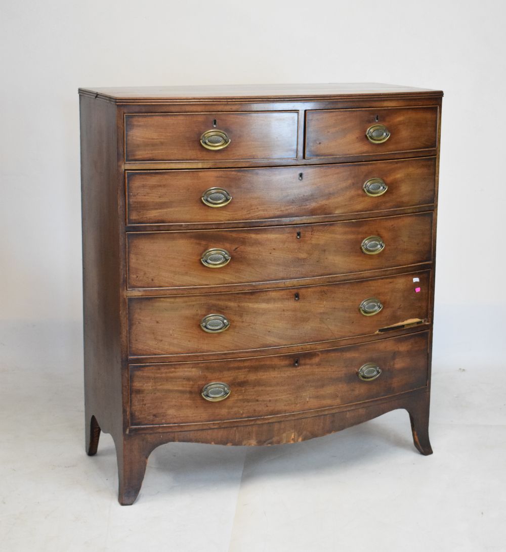 19th Century mahogany bow front chest of two short over four long graduated drawers on spade bracket