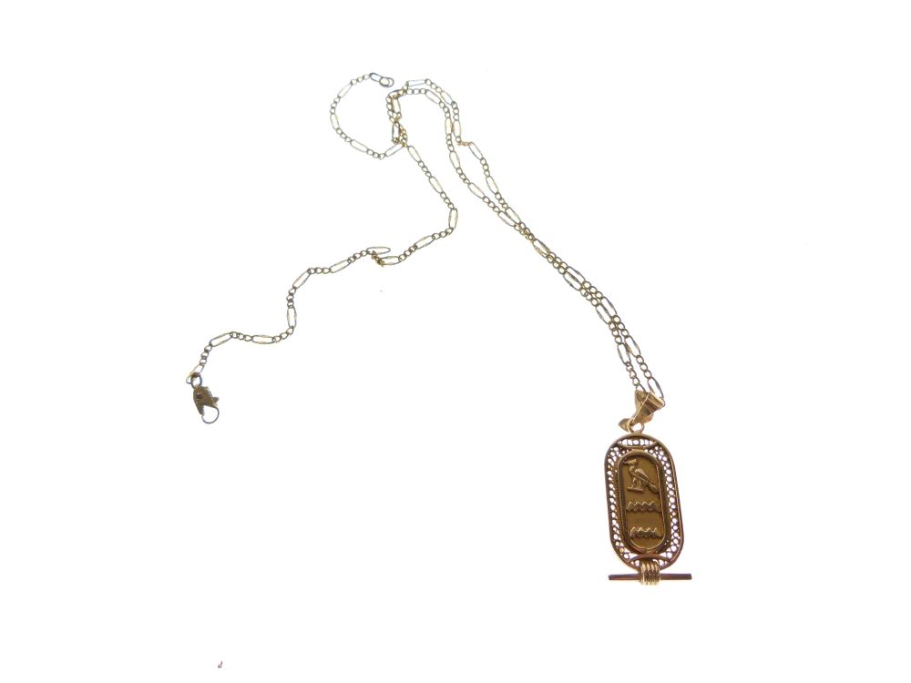 Egyptian yellow metal pendant decorated with hieroglyphics, 5.3g approx, together with an unmarked - Image 3 of 3