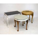 Pair of Lloyd Loom circular coffee tables raised on cabriole supports, 51cm diameter, and a