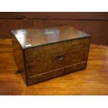 Victorian burr walnut travelling dressing case, the hinged cover with brass inlaid plaque