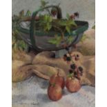 Jean Kent - Pastel - Still life of trug, brambles and apples, 33cm x 26cm, framed and glazed