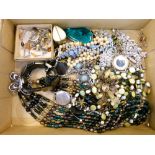 Selection of costume jewellery to include bead necklaces, white metal and other rings, butterfly