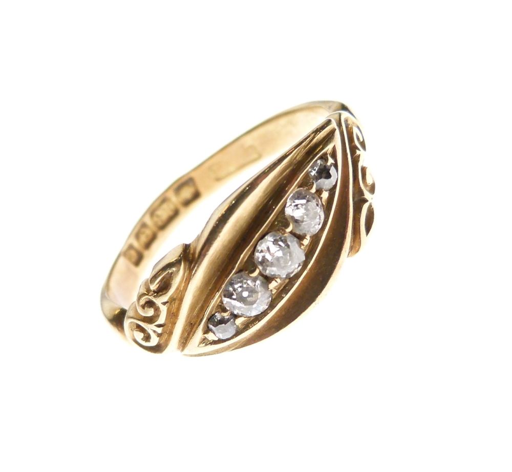 18ct gold dress ring set five graduated diamonds between scroll shoulders, size L, 3.5g gross approx