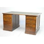 Reproduction mahogany twin pedestal desk with green leatherette skiver, 151cm wide