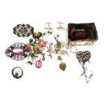 Assorted jewellery and objects of virtue to include; paste-set bar brooch, pince-nez, necklaces,