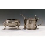 Asprey - Elizabeth II silver drum mustard pot and matching cauldron salt, each with blue glass