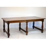 Old reproduction oak rectangular refectory-style dining table, and six elm and beech ladder-back