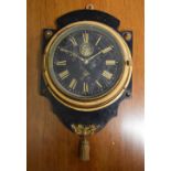 Late 19th Century French wall clock, the 5.5-inch black Roman dial with exposed balance wheel, on