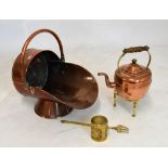 Copper helmet shaped coal bucket, copper kettle etc