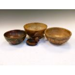 Pair of 20th Century pyrographic turned wooden bowls, each 17.5cm diameter x 7cm high, together with