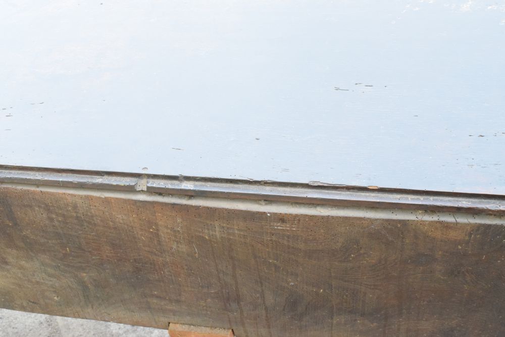 18th Century oak dresser base fitted three drawers with brass swan neck handles, raised on turned - Image 8 of 8