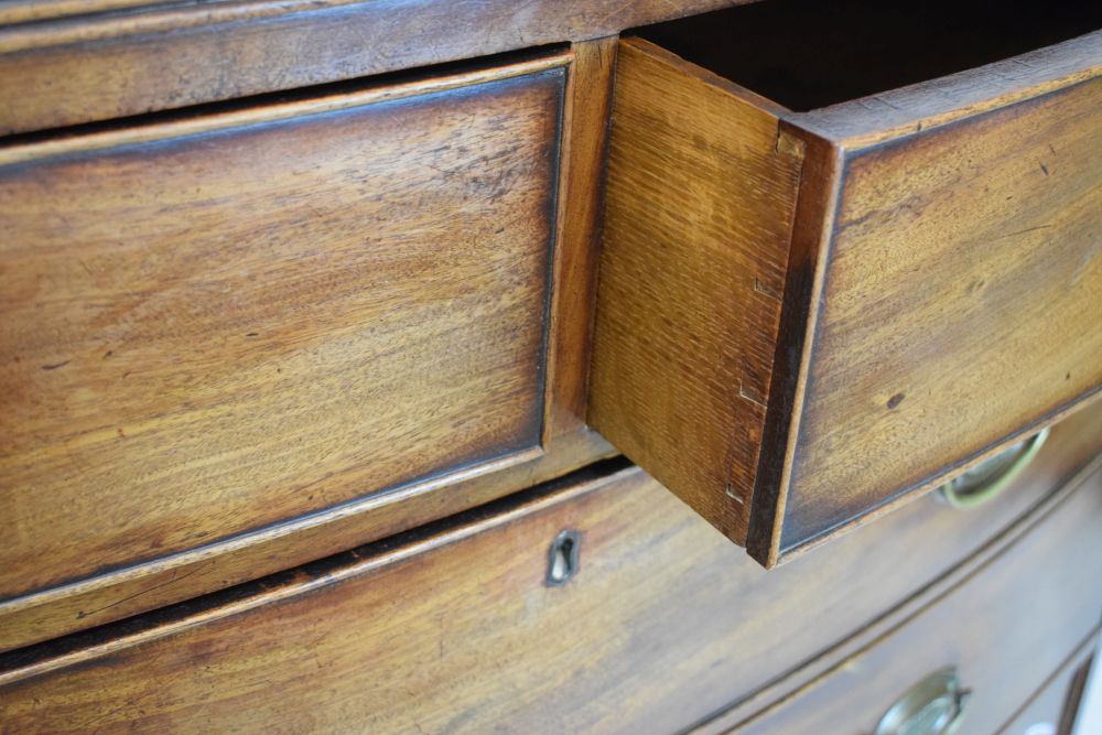 19th Century mahogany bow front chest of two short over four long graduated drawers on spade bracket - Image 3 of 5