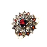 9ct gold dress ring set garnet and white coloured stones, size O, 2.9g gross approx