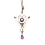 Early 20th Century amethyst and seed pearl and diamond set pendant, the three pearl set suspension