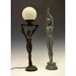 Reproduction bronze finish figure of an Art Deco dancer on a circular base, 66.5cm high, together