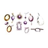 Collection of amethyst, citrine and paste mounted pendants, brooches, etc
