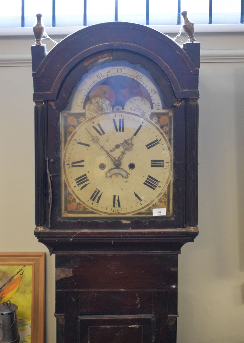 19th Century mahogany longcase clock having painted arched dial with moon phase, subsidiary