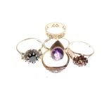 9ct gold garnet set cluster ring, size O, 9ct gold amethyst set ring, size P, dress ring set two